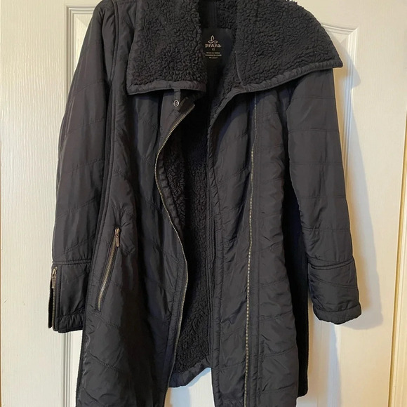 prAna Diva Quilted Sherpa Lined Long Jacket Size XS Black Asymmetrical Zip - Picture 7 of 11